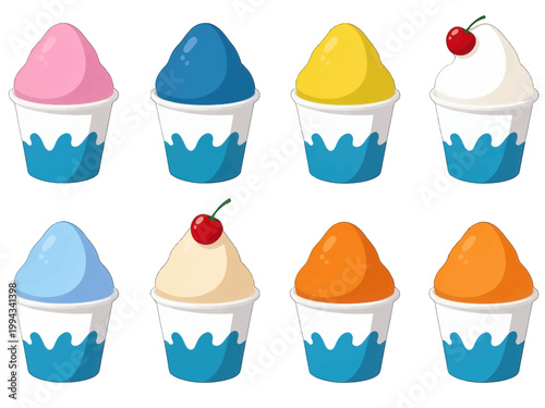 Eight Colorful Shaved Ice Cups with Cherry Topping, Isolated Vector Illustration for Dessert Menu or Summer Beverage Design