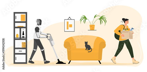Robot vacuuming modern living room as woman carries groceries; concept of future household
