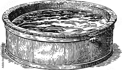 Vintage wooden round barrel filled with water, hand drawn rustic container illustration