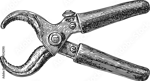Vintage hand illustrated garden pruner with curved blades and wooden handles in black and white
