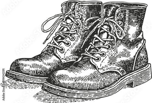 Vintage black leather boots illustration with laces and sturdy soles, detailed hand drawn