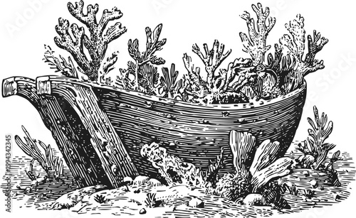 Vintage wooden boat wreck covered with coral and underwater marine life illustration