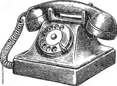 Vintage rotary telephone classic old fashioned landline device with coiled cord and dial wheel