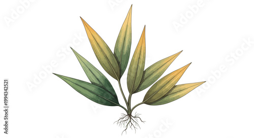 A vintage style illustration showcases detailed botanical drawings of various leaves and acorns