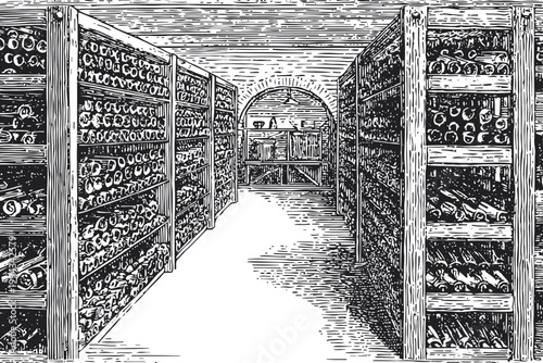 Vintage wine cellar interior with wooden racks filled with wine bottles, perspective drawing
