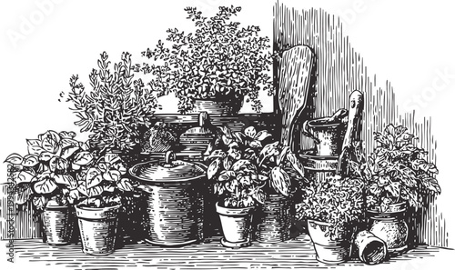 Vintage garden herbs and pottery potted plants, old kitchen utensils, rustic countryside