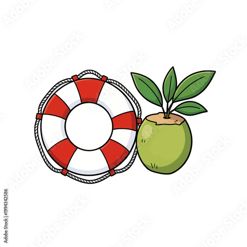 Lifebuoy and Coconut Icon Vector Illustration, Isolated Transparent Background for Beach Safety or Tropical Travel Design