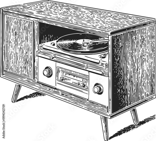 Vintage wooden record player cabinet with vinyl turntable and radio tuner illustration