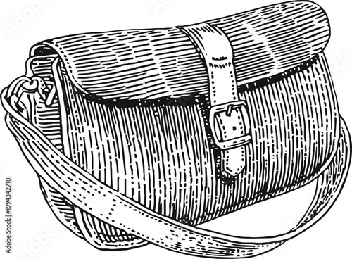 Illustration of a leather shoulder bag with buckle strap and adjustable handle