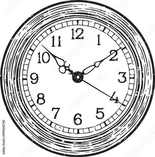 Vintage clock face illustration with roman numerals and ornate hands showing time at 1010 and 20 seconds