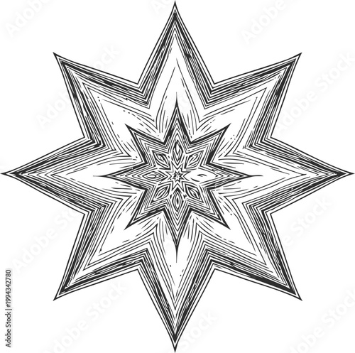 Abstract eight pointed star shape with textured black lines on a white background
