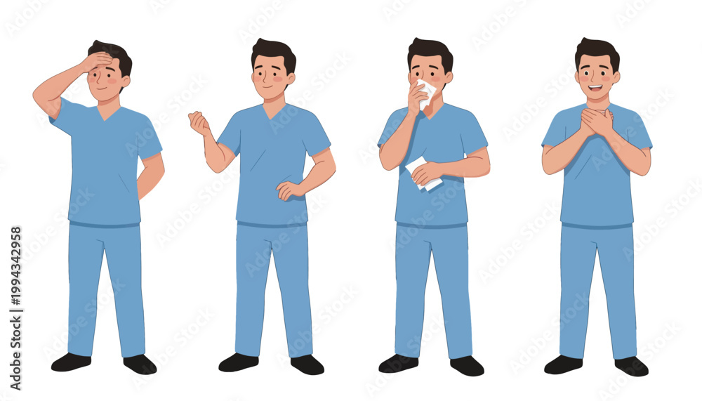 Fototapeta premium Medical Staff Showing Symptoms of Illness, Vector Illustration Isolated on Transparent Background for Healthcare and Hospital Use