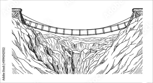 Suspension bridge spanning rocky canyon with steep cliffs, hand drawn landscape sketch