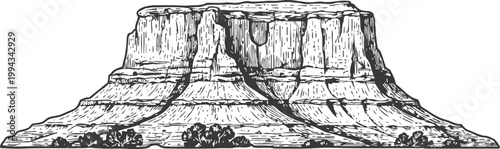 desert mesa landscape illustration with flat top rock formation and shrubbery