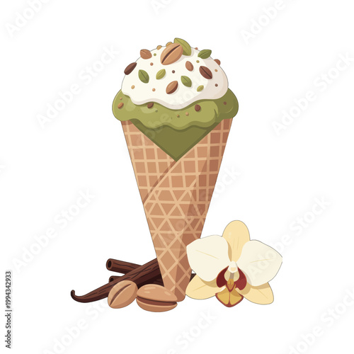 Matcha Green Tea Ice Cream Cone with Pistachios and Vanilla Bean, Isolated Vector Illustration for Dessert Menu or Food Branding