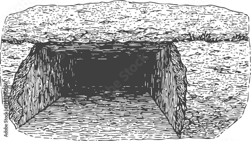 Ancient stone chamber with rectangular opening, archeological site excavation structure illustration