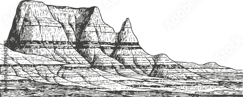 desert landscape with layered rock formations and mesas, natural geological structures in arid environment