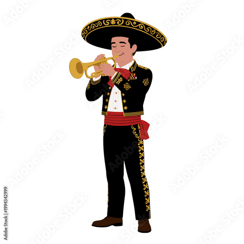 Mexican Mariachi Musician Playing Trumpet in Traditional Charro Suit, Isolated Vector Illustration for Cultural Celebration and Festival Design