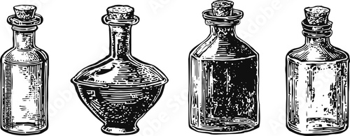 vintage glass bottles with cork stoppers, antique apothecary jars in detailed engraving