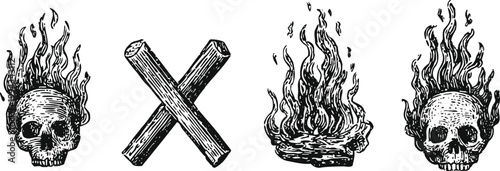 hand drawn flaming skulls and crossed logs vintage fire illustrations with detailed line art