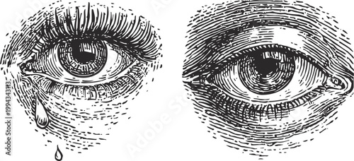 Two detailed vintage eye illustrations, one with a tear and one open with intense gaze