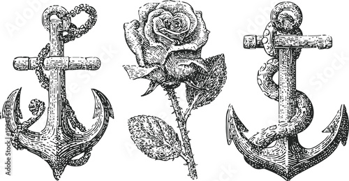 Vintage hand drawn anchor and rose illustrations with detailed engraving designs