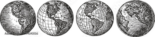 Vintage engraving earth globes showing americas hemisphere from different angles