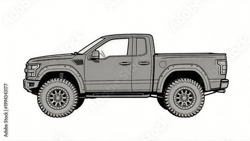 A side-profile technical illustration of a rugged gray pickup truck with large off-road tires and high suspension. Clean minimalist design suitable for graphic design and icons.