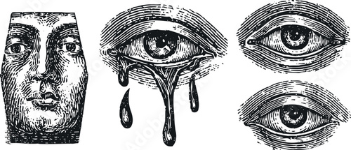 Vintage engraving eye illustrations set detailed human eyes with teardrops and expression retro art sketch