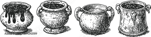 vintage hand drawn ink pots set four antique inkwells with detailed textures and handles
