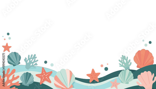 Ocean Wave Border with Seashells, Starfish and Coral Reef Illustration, Isolated Transparent Background for Web Design