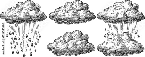 Hand drawn rainy clouds set vintage black and white sketch of rain and cloudy weather symbols