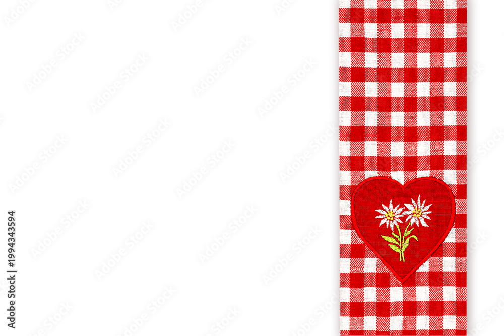 Obraz premium Red checkered fabric with heart design showing floral embroidery in a simple style