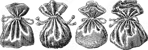 Four vintage linen pouches tied with string, hand drawn illustration