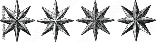 Vintage eight point star shapes set hand drawn antique nautical compass design elements