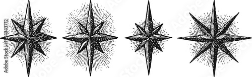 Set of four vintage nautical star compass roses in black and white hand drawn