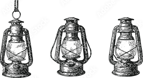 Vintage kerosene lanterns set, classic oil lamps in detailed hand drawn outlines