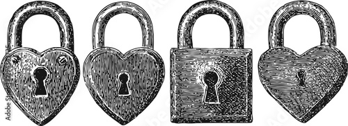 Vintage padlocks illustration set heart shaped and rectangular locks with keyholes hand drawn secure metal design