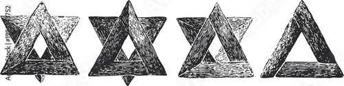 Set of four vintage black and white penrose triangle optical illusion illustrations