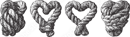 set of four detailed vintage rope knots illustrations with different looping patterns and textures