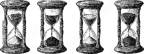 Vintage hourglass illustrations set sand timer, antique time measuring device with flowing sand