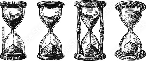 Vintage hourglass illustrations set classic sand timers with wooden frames antique time measurement tool collection