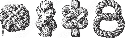 detailed black and white illustration of four different complex rope knots set isolated on white background