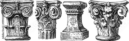 Four classical architectural column capitals corinthian, ionic, doric, and tuscan details in vintage engraving historic design elements