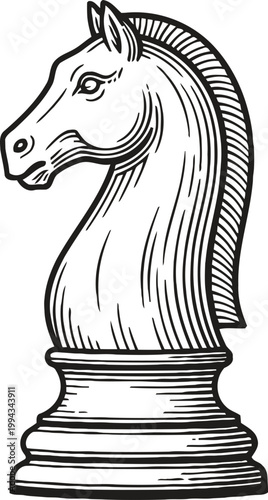 Chess knight horse piece classic board game strategy icon in engraved vintage