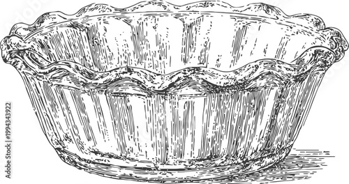 Vintage pie dish with fluted edges, hand drawn black and white illustration