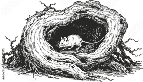 Mouse inside hollow tree trunk, detailed black and white drawing, nature wildlife illustration
