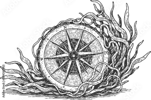 Vintage compass surrounded by seaweed illustration in detailed line art