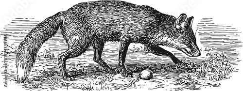 Vintage illustration of a fox sniffing an egg on the ground with detailed fur and natural setting