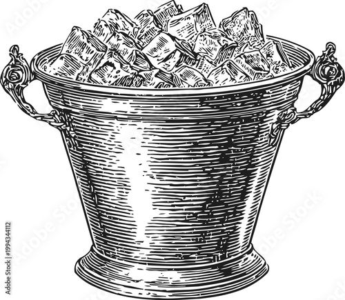 Vintage metal ice bucket filled with ice cubes, classic cooler container with handles